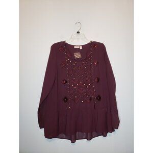 LOGO Lavish Womens 6 Tunic Top Beaded Aztec Gold Sparkly Purple Open V Neck NWOT